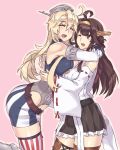  2girls ahoge bare_shoulders blonde_hair boots breasts brown_hair cleavage detached_sleeves double_bun elbow_gloves evuoaniramu garter_straps gloves hairband headgear hug iowa_(kantai_collection) japanese_clothes kantai_collection kongou_(kantai_collection) large_breasts long_hair miniskirt multiple_girls nontraditional_miko one_eye_closed open_mouth ribbon-trimmed_sleeves ribbon_trim skirt smile thigh-highs thigh_boots 