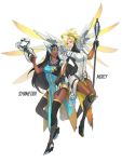  2girls black_hair blonde_hair boots character_name dark_skin full_body gun headgear high_ponytail highres jie_cao_kong knee_boots long_hair looking_at_another mercy_(overwatch) multiple_girls overwatch simple_background staff symmetra_(overwatch) thigh-highs visor weapon white_background wings 