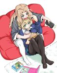  2girls blonde_hair blue_eyes braid controller cup darjeeling dvd_case girls_und_panzer kay_(girls_und_panzer) long_hair multiple_girls nexas nishizumi_miho pantyhose potato_chips remote_control short_hair snack soda thigh-highs 