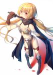  1girl alexmaster blonde_hair boots cape highres licking long_hair looking_at_viewer original red_eyes revealing_clothes smile solo tongue tongue_out 