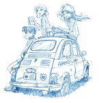  aki_(girls_und_panzer) bangs bbb_(friskuser) bubble_blowing bubblegum car commentary_request girls_und_panzer hand_on_headwear hands_in_pockets jacket kantele long_hair low_twintails map mika_(girls_und_panzer) mikko_(girls_und_panzer) monochrome motor_vehicle one_eye_closed open_mouth pants school_uniform sitting sitting_on_object track_jacket track_pants translation_request twintails vehicle wind wind_lift 