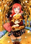  1girl :d absurdres artist_request bag bare_tree blush boots bow braid brick brown_boots building bush christmas_lights coat cross-laced_footwear english floral_print grey_legwear guard_rail handbag hat head_tilt highres lamppost long_sleeves looking_at_viewer love_live!_school_idol_project merry_christmas night nishikino_maki object_hug open_mouth outdoors path redhead road santa_hat scan skirt smile snowing solo sparkle star striped striped_bow stuffed_animal stuffed_toy sweater teddy_bear thigh-highs tree violet_eyes 