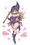  1girl :d bare_shoulders blonde_hair blush_stickers boots breasts cleavage dark_magician_girl green_eyes hanarito hat heart highres long_hair looking_at_viewer open_mouth smile solo staff white_background wizard_hat yuu-gi-ou 