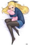  1girl assam blonde_hair blue_eyes girls_und_panzer long_hair lying on_side pantyhose pillow pillow_hug school_uniform sweater yoshiwa_tomo 