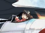  airplane brown_hair closed_eyes cockpit commentary_request japanese_clothes kantai_collection kariginu kitsuneno_denpachi open_mouth ryuujou_(kantai_collection) smile thumbs_up twintails visor_cap 