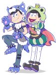  2boys brothers brown_eyes brown_hair cape claw_pose fishnet_top frog_hood fur_trim gloves heart heart_in_mouth male_focus matsuno_choromatsu matsuno_karamatsu minpopo multiple_boys official_style osomatsu-kun osomatsu-san pants paw_gloves puffy_short_sleeves puffy_sleeves pumpkin_pants short_sleeves siblings simple_background smile striped striped_pants torn_clothes torn_pants triangle_mouth white_background wolf_hood 