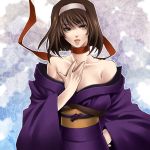  1girl bare_shoulders beniharu_(kisou) breasts brown_eyes brown_hair choker cleavage clouds collarbone facing_viewer hairband hand_on_hip hand_on_own_chest japanese_clothes kanzaki_sumire kimono large_breasts lips looking_at_viewer mole mole_under_eye obi off_shoulder red_ribbon ribbon ribbon_choker sakura_taisen sash solo 