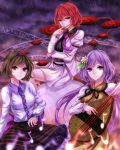  3girls absurdres brown_eyes brown_hair floating highres instrument jacket looking_at_viewer lute_(instrument) miniskirt multiple_girls purple_hair rain red_eyes redhead sheya skirt storm touhou tsukumo_benben tsukumo_yatsuhashi violet_eyes white_jacket white_skirt 