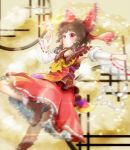  1girl absurdres armpits ascot bow brown_hair chamaji collarbone detached_sleeves dutch_angle gohei hair_bow hair_tubes hakurei_reimu highres long_sleeves outstretched_arm ribbon-trimmed_sleeves ribbon_trim shirt skirt solo spell_card standing_on_one_leg touhou wide_sleeves 