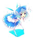  1girl blue_dress blue_eyes blue_hair bow cirno dress elbow_gloves gloves hair_bow highres ice ice_wings open_mouth puffy_sleeves ribbon shoes short_hair short_sleeves solo thigh-highs touhou uta_(kuroneko) waving wings 