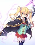  1girl alexmaster black_legwear blonde_hair blue_eyes cape highres looking_at_viewer magic original shaded_face skirt smile solo staff thigh-highs twintails 