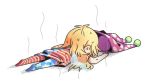  1girl american_flag_legwear american_flag_shirt blonde_hair clownpiece commentary_request fairy_wings hat hat_removed headwear_removed jester_cap long_hair lying on_stomach ori_(yellow_duckling) polka_dot_hat purple_hat short_sleeves simple_background solo sweat touhou white_background wings 