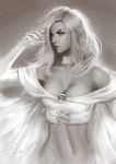  1girl bare_shoulders breasts cape choker cleavage elbow_gloves emma_frost gloves long_hair marvel monochrome raikoart sketch solo x-men 