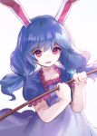  1girl ainy77 animal_ears blue_dress blue_hair collarbone dress ear_clip frills hammer holding holding_weapon kine looking_at_viewer low_twintails mallet moon_rabbit open_mouth puffy_short_sleeves puffy_sleeves rabbit_ears red_eyes seiran_(touhou) short_dress short_hair short_sleeves smile solo touhou twintails 