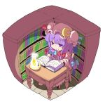  1girl blue_bow book bookshelf bow commentary crescent crescent_hair_ornament eyebrows eyebrows_visible_through_hair from_above hair_ornament hair_ribbon hat highres lantern long_hair mob_cap patchouli_knowledge purple_hair reading red_bow ribbon shinapuu smile solo table touhou tress_ribbon violet_eyes 