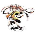  1girl aihara_enju black_bullet boots brown_eyes brown_hair divine_gate dress floating_hair full_body hair_ornament jacket long_hair looking_at_viewer official_art one_leg_raised outstretched_arm pleated_dress shadow smile solo transparent_background twintails ucmm very_long_hair white_dress yellow_jacket 