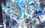  2girls blue_hair blue_sky boots bow city clouds floating_city flying food fruit hat hat_bow hinanawi_tenshi long_hair looking_at_viewer multiple_girls nagae_iku peach purple_hair red_eyes shawl shirt skirt sky sword_of_hisou touhou very_long_hair zounose 