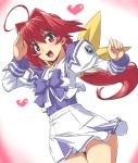  1girl ahoge bangs bow bowtie cowboy_shot hair_bow hair_intakes heart heart_ahoge juliet_sleeves kagami_sumika long_hair long_sleeves looking_at_viewer low_ponytail muvluv open_mouth outstretched_arm panties pantyshot pantyshot_(standing) pink_eyes pink_panties pleated_skirt ponytail puffy_sleeves redhead salute school_uniform serafuku skirt standing to-gnaniwa underwear very_long_hair 