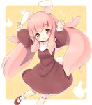  1girl aikei_ake animal_ears bloomers blush bunny_tail dress frilled_dress frills long_hair mary_janes open_mouth original pink_hair puffy_sleeves rabbit_ears red_eyes shoes smile socks solo tail underwear white_legwear 