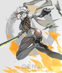  1girl absurdres armor ass bangs bodysuit boots breasts character_name closed_mouth from_side genderswap genderswap_(mtf) genji_(overwatch) gloves glowing grey_background helmet highres holding holding_sword holding_weapon katana long_hair looking_at_viewer looking_back motion_blur nogchasaeg_(karon2848) orange_eyes outstretched_arms overwatch shade shiny shiny_clothes shuriken silver_hair solo sword throwing weapon 