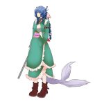 1girl absurdres adapted_costume alternate_hairstyle aqua_eyes armband blue_hair boots bow braid breasts brown_boots choker commentary_request curly_hair fish_tail frilled_kimono frills full_body hair_bow hand_up highres humanization japanese_clothes kimono long_ponytail looking_to_the_side mermaid monster_girl obi outline pole polearm ribbon_choker sash short_hair simple_background single_braid smile solo standing tail tk31 touhou transparent_background wakasagihime weapon