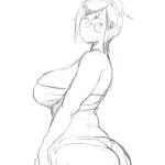  1girl ass breasts glasses large_breasts looking_at_viewer mei_(overwatch) monochrome overwatch short_hair simple_background sketch sky_of_morika solo strapless tubetop white_background 