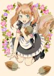  1boy acorn animal_ears blush brown_hair crossdressinging dress green_eyes idolmaster idolmaster_side-m long_hair male_focus miki_(binzumekurage) mizushima_saki open_mouth otoko_no_ko smile solo squirrel_ears squirrel_tail tail twintails 