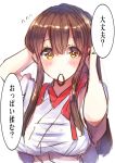  1girl akagi_(kantai_collection) blush brown_eyes brown_hair flying_sweatdrops highres japanese_clothes kantai_collection long_hair looking_at_viewer mochiko_(mocchikkoo) mouth_hold sketch tagme translated 