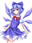  1girl absurdres blue_dress blue_hair bow cirno dress hair_bow head_tilt highres ice ice_wings looking_at_viewer sheya shirt short_sleeves simple_background sketch sleeveless sleeveless_dress smile solo thighs touhou white_background white_shirt wings 