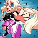  1girl :o ankle_boots blue_background blue_eyes boots braid foreshortening hair_between_eyes ia_(vocaloid) mary_cagle pink_skirt platinum_blonde reaching_out running skirt solo twin_braids vocaloid 