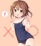  ! &gt;:o 1girl :o ahoge black_legwear blush brown_hair chiyingzai covered_navel fang hair_ornament hairclip ikazuchi_(kantai_collection) kantai_collection looking_at_viewer one-piece_swimsuit school_swimsuit short_hair simple_background solo spoken_exclamation_mark strap_slip swimsuit thigh-highs 