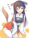  1girl akagi_(kantai_collection) animal_ears brown_eyes brown_hair commentary_request dog_ears dog_tail highres japanese_clothes kantai_collection kemonomimi_mode long_hair muneate nan_(jyomyon) nontraditional_miko smile tail thigh-highs 