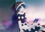  1girl ainy77 black_dress blue_eyes blue_hair book doremy_sweet dress hat holding holding_book looking_at_viewer nightcap open_mouth pom_pom_(clothes) short_sleeves sitting smile solo tail touhou white_dress 