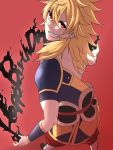  1boy back bandages blonde_hair fairy_tail fang happy_birthday highres long_hair red_background red_eyes simple_background solo tai-yaki teeth zancrow 