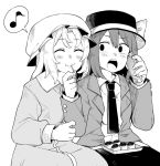  2girls :o anarogumaaa blazer blush bow cellphone commentary_request dress eating greyscale hair_between_eyes hat hat_bow jacket long_sleeves maribel_hearn mob_cap monochrome multiple_girls musical_note necktie open_mouth phone quaver simple_background sitting smartphone smile spoken_musical_note surprised takoyaki touhou usami_renko white_background 