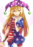  1girl american_flag_dress american_flag_legwear blonde_hair clownpiece collar deetamu dress fire frilled_collar frills hat jester_cap long_hair looking_at_viewer open_mouth polka_dot red_eyes short_dress short_sleeves simple_background solo standing star striped torch touhou white_background 