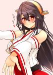  1girl bare_shoulders black_hair blush breasts brown_eyes choker collar detached_sleeves hair_between_eyes hair_ornament hairband hairclip haruna_(kantai_collection) headgear heart heart-shaped_lock heart_lock_(kantai_collection) highres japanese_clothes jewelry kantai_collection large_breasts lock long_hair nontraditional_miko outstretched_arms pink_background red_skirt remodel_(kantai_collection) ribbon-trimmed_sleeves ribbon_trim ring simple_background skirt smile solo translation_request tsukui_kachou wide_sleeves 