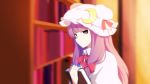  1girl blurry book bookshelf bow crescent crescent_hair_ornament depth_of_field dress hair_bow hair_ornament hair_ribbon hat library long_hair mob_cap patchouli_knowledge purple_hair ribbon solo striped striped_dress touhou tress_ribbon violet_eyes you_(noanoamoemoe) 