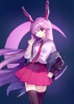  1girl ainy77 animal_ears black_legwear blazer crescent crescent_moon dress_shirt finger_gun jacket long_hair long_sleeves looking_at_viewer moon necktie off_shoulder pink_skirt pleated_skirt pointing pointing_up purple_hair rabbit_ears red_eyes red_necktie reisen_udongein_inaba shirt skirt sleeves_rolled_up smile solo thigh-highs touhou very_long_hair white_shirt zettai_ryouiki 