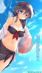  1girl adapted_costume ball beachball bikini black_hair blue_eyes blush braid breasts cleavage hair_flaps hair_over_shoulder highres kantai_collection large_breasts long_hair looking_at_viewer obiwan remodel_(kantai_collection) sarong shigure_(kantai_collection) single_braid smile solo swimsuit translation_request twitter_username 
