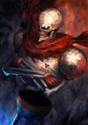  1boy armor artist_name cowboy_shot crossed_arms ginho gloves glowing glowing_eyes highres papyrus_(undertale) scarf skeleton solo undertale 