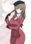  bangs beret breast_hold breasts brown_eyes brown_hair commentary_request fan formal girls_und_panzer gloves hair_ribbon harukon_(halcon) hat holding_fan large_breasts long_hair looking_at_viewer paper_fan ribbon shimada_chiyo skirt smile suit zoom_layer 