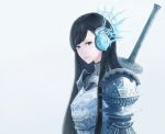  1girl armor backlighting black_eyes black_hair breastplate fantasy headgear knight lips long_hair looking_at_viewer original pauldrons sakimori_(hououbds) simple_background solo sword upper_body weapon white_background 