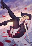  1girl black_gloves blonde_hair daye_bie_qia_lian elbow_gloves fate/stay_night fate/unlimited_codes fate_(series) gloves highres holding looking_at_viewer panties petals saber saber_alter solo thigh-highs underwear weapon 