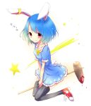  1girl ambiguous_red_liquid animal_ears blue_dress blue_hair bunny_tail dress ear_clip grin highres kine moon_rabbit rabbit_ears red_eyes ribbon seiran_(touhou) shoes shooting_star short_hair short_sleeves smile sneakers solo stain tail thigh-highs touhou uta_(kuroneko) 