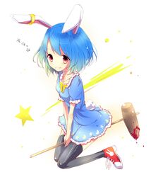  1girl ambiguous_red_liquid animal_ears blue_dress blue_hair bunny_tail dress ear_clip grin highres kine moon_rabbit rabbit_ears red_eyes ribbon seiran_(touhou) shoes shooting_star short_hair short_sleeves smile sneakers solo stain tail thigh-highs touhou uta_(kuroneko) 