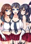  3girls :d agano_(kantai_collection) asymmetrical_legwear black_necktie blush braid breast_press breasts cleavage collarbone cowboy_shot garter_straps gloves groin kantai_collection large_breasts long_hair looking_at_viewer midriff multiple_girls necktie noshiro_(kantai_collection) open_mouth otogi_(s_in_w) pleated_skirt ponytail red_skirt school_uniform serafuku sidelocks single_braid single_thighhigh skirt smile symmetrical_docking thigh-highs white_gloves yahagi_(kantai_collection) 