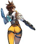  1girl armor ass bodysuit brown_hair cowboy_shot from_behind goggles gun looking_at_viewer looking_back overwatch simple_background solo tracer_(overwatch) uka_(cessa) weapon white_background 