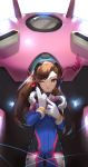  1girl absurdres ass_visible_through_thighs bangs bodysuit breasts brown_eyes brown_hair cowboy_shot d.va_(overwatch) facial_mark gloves gun headphones heart highres long_hair looking_at_viewer mecha one_eye_closed overwatch parted_lips simple_background smile solo ss0l_(skghek) swept_bangs weapon white_background white_gloves 