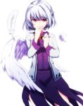  1girl bow bowtie covering_mouth dress jacket jpeg_artifacts kishin_sagume long_sleeves open_clothes purple_dress red_eyes shirt short_hair silver_hair single_wing solo touhou wings you_(noanoamoemoe) 